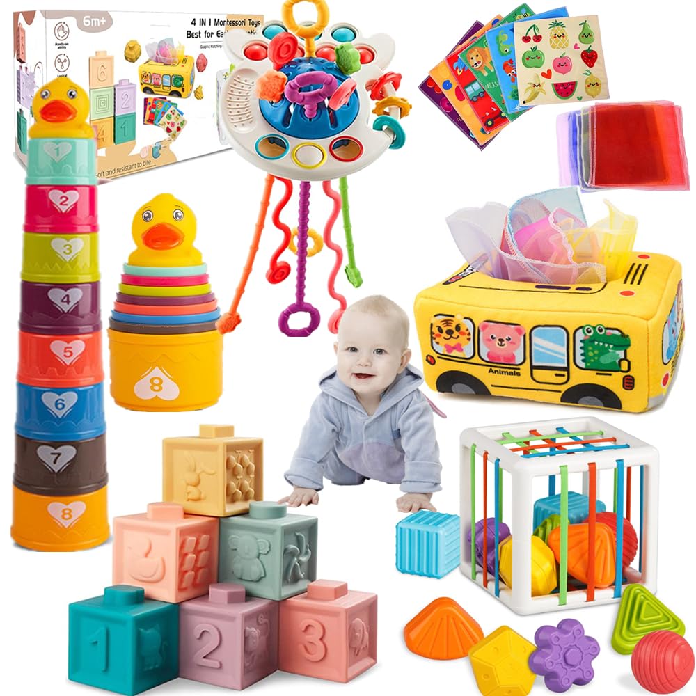 ELLECK Baby Toys 6 to 12 Months, Montessori Toys for 1 Year Old, Silicone Pull String Teething Toy, Stacking Building Blocks Infant Toddler Toy 0-3, Color Shape Bin Sensory, Baby Boys&Girls Gifts