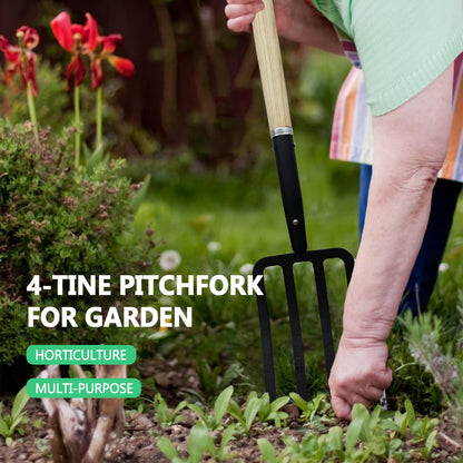 HORIJUNKE Garden Fork,4-Tine Pitchfork,Spading Digging Fork,Forged Steel Y-Grip, Wood Handle,45Inch