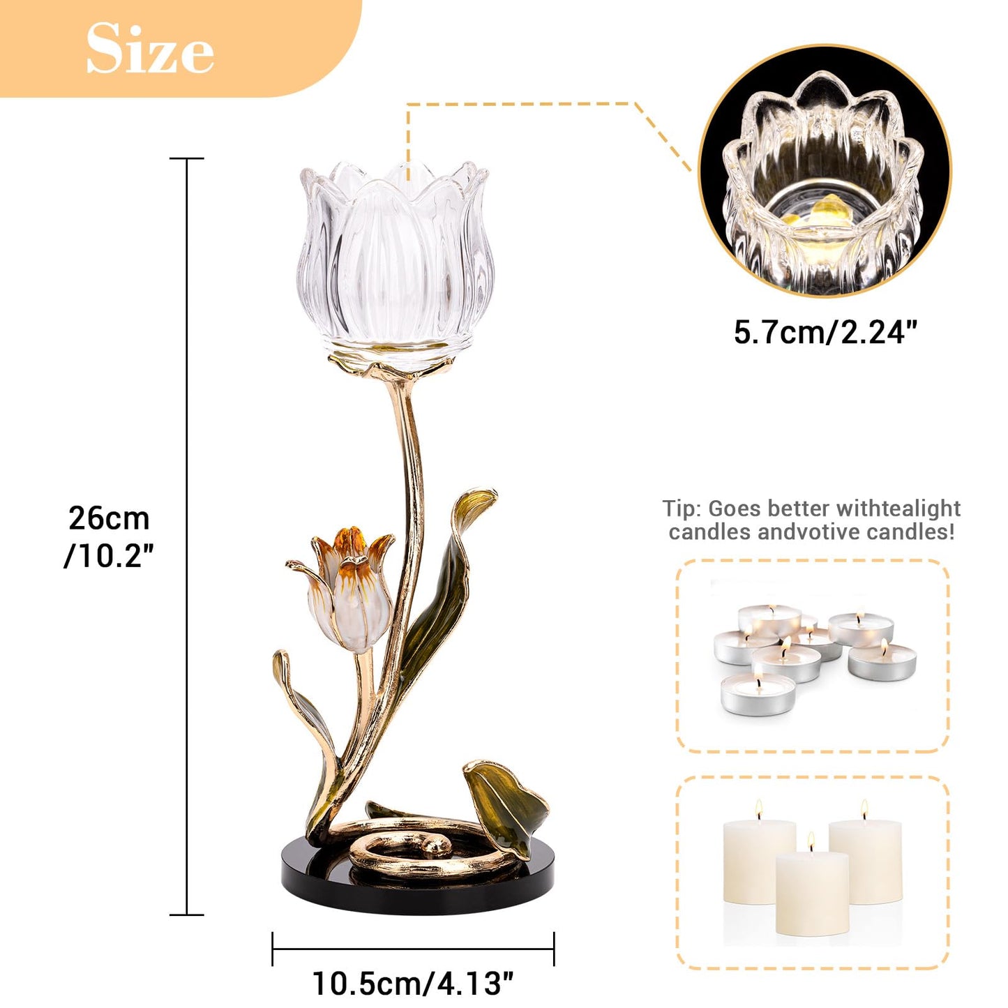 Luxury Crystal Base Glass Flower Candle Holder – Gold Plated Zinc Alloy with Enamel, Romantic Tea Light Holder, French Style Wedding Table Centerpiece, Home Decor
