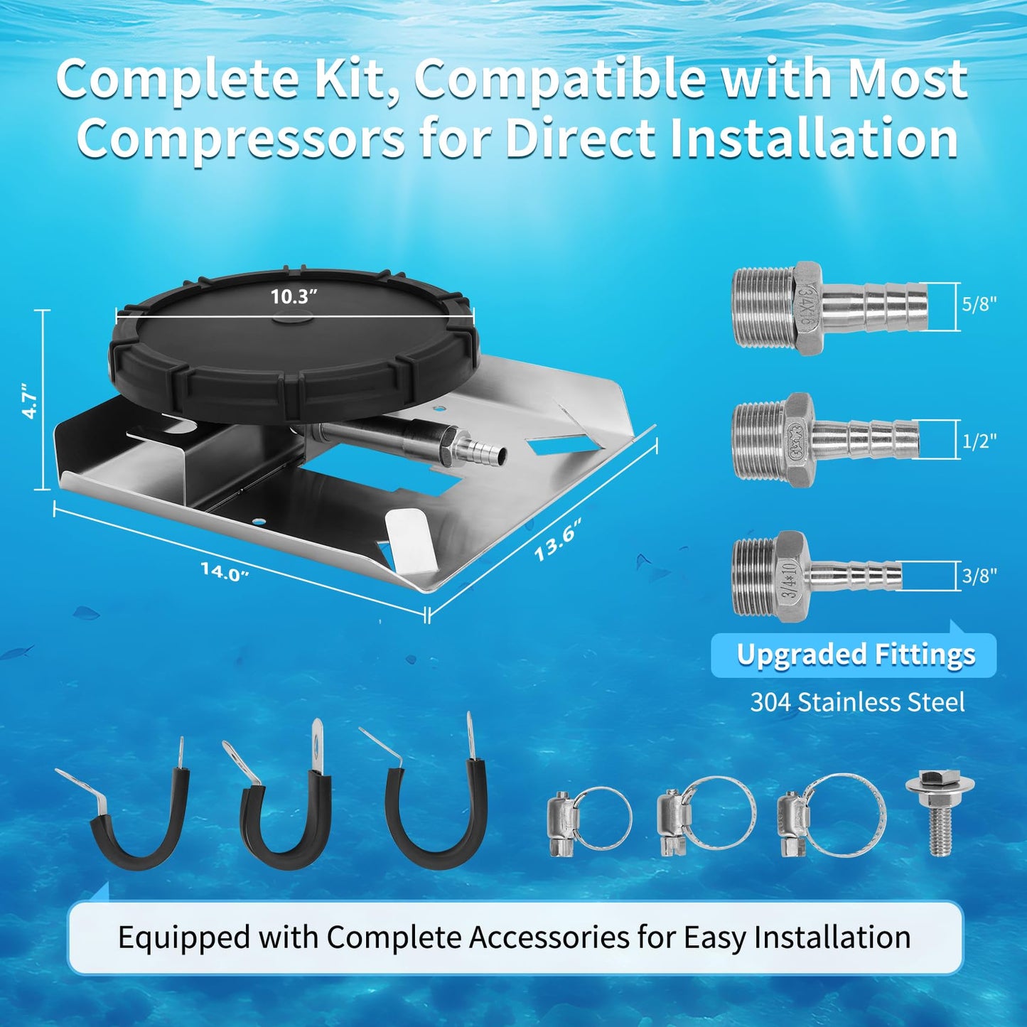 Pond & Lake Aeration Accessories, Self-Weighted Stainless Steel Base, Membrane Diffuser, Stainless Steel Connectors for 3 Hose Sizes, and 3 Sets of Clamps, Ideal for Outdoor Aeration Systems.