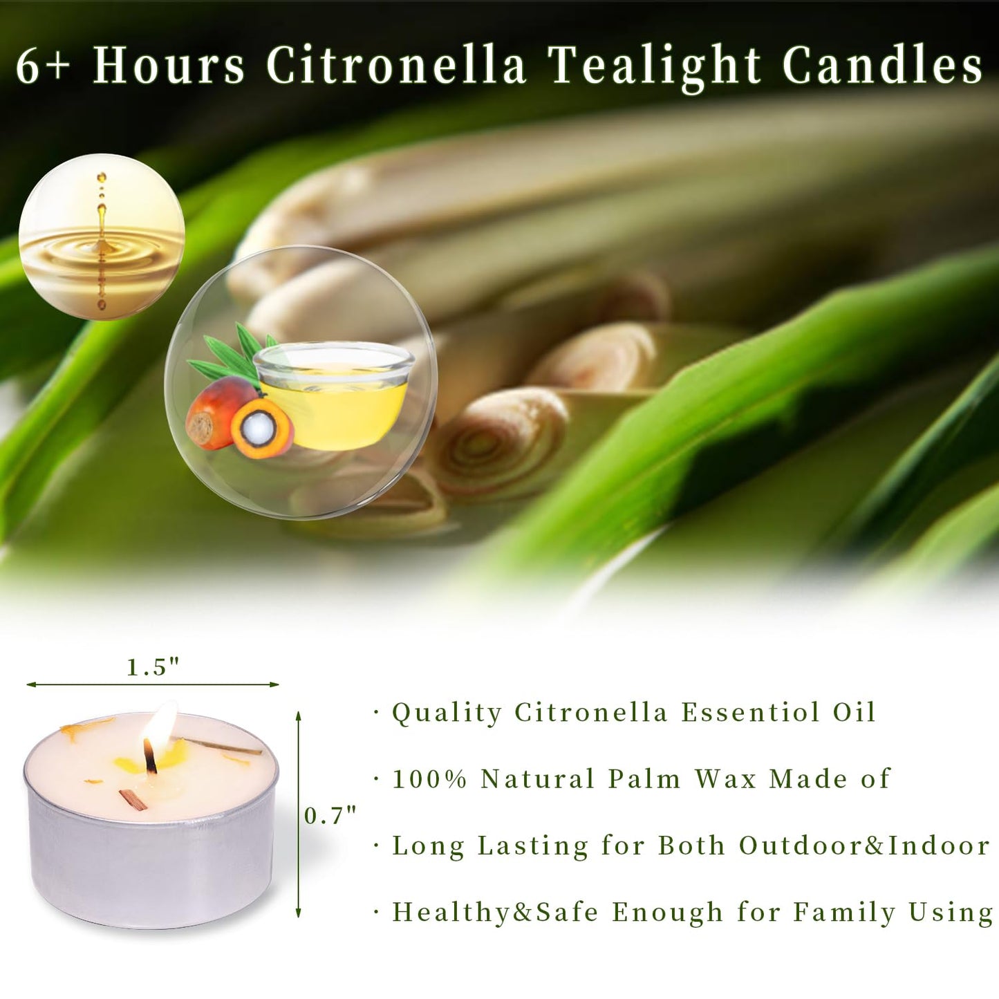 8 Pcs 6H Citronella Tealight Candles Indoor Outdoor, Decorative Scented Tealight Candles with 100% Palm Wax Base & Dried Lemongrass, Smokelss for Patio, Home, Outside Use
