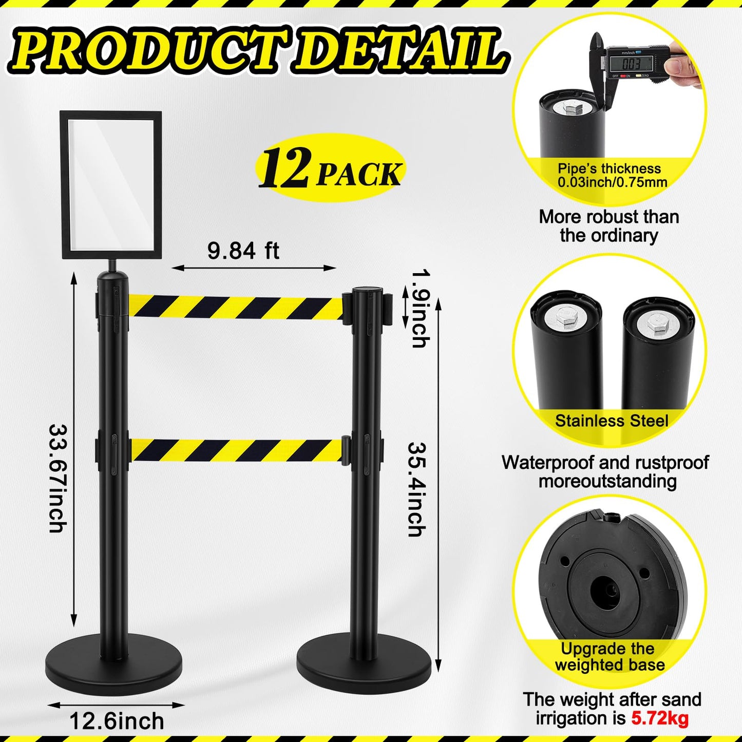 Therwen 12 Pcs Crowd Control Stanchions Set, Double Retractable Safety Belt, Heavy Duty Stainless Steel Crowd Control Barrier, Solid Metal Base, Easy Connect Assembly (16.4 ft,Black)