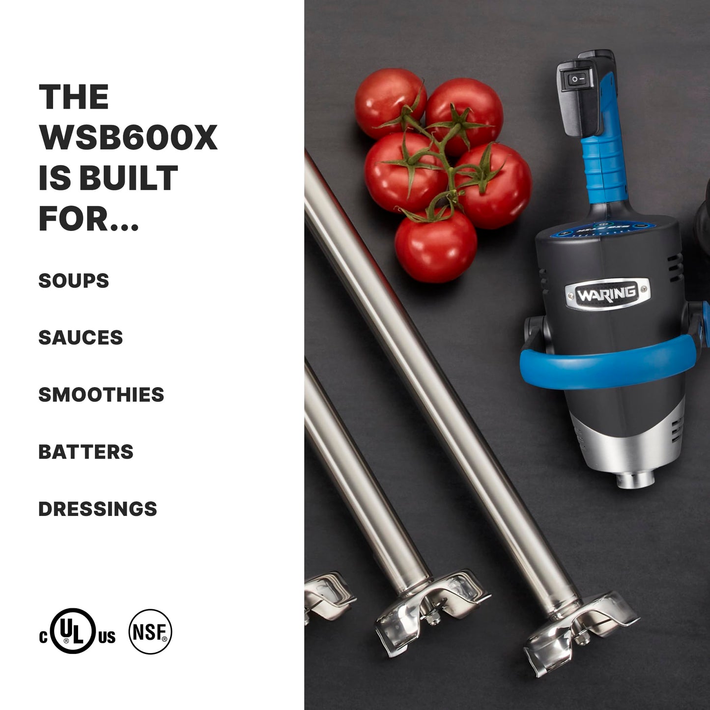 Waring Commercial EvolutionX Immersion Blender, 1.5 Horsepower Motor, 16" Stainless Steel Shaft, Variable Speed, 25-Gallon Capacity, for Professional Hand Blender for Kitchens & Catering, WSB600X