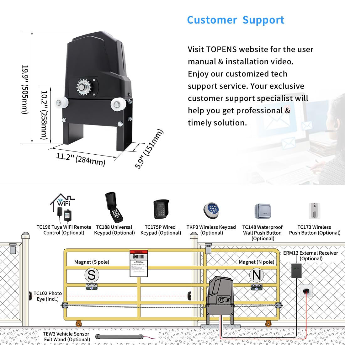 TOPENS CF800 Fast Sliding Gate Opener Chain Drive Automatic Gate Motor for Heavy Driveway Slide Gate Up to 1800 Pounds, Electric Gate Operator AC Powered with 20ft Roller Chain and Remote Control