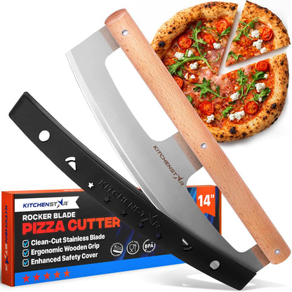 KitchenStar 14-Inch Pizza Cutter Rocker Blade - Razor Sharp Stainless Steel Slicer Knife, Stylish Beech Wood Handle, Protective Cover - Professional Pizza Oven Accessories, Silver