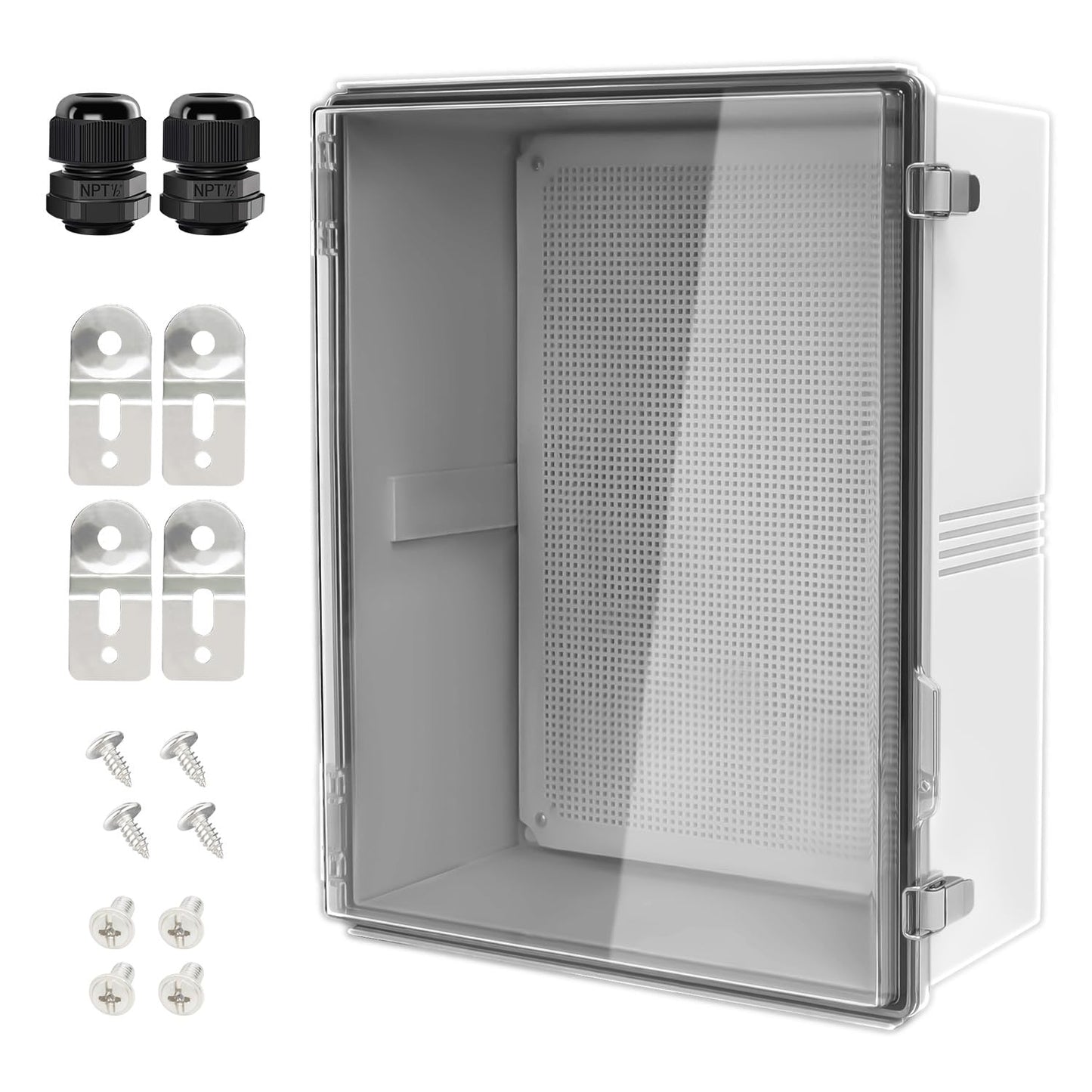 LeMotech Electrical Box, IP67 Waterproof Hinged Clear Cover Stainless Steel Latch Junction Box, ABS Plastic Electrical Enclosure with Mounting Plate,Wall Brackets, Cable Glands,19.6"x15.7"x7.8",Grey