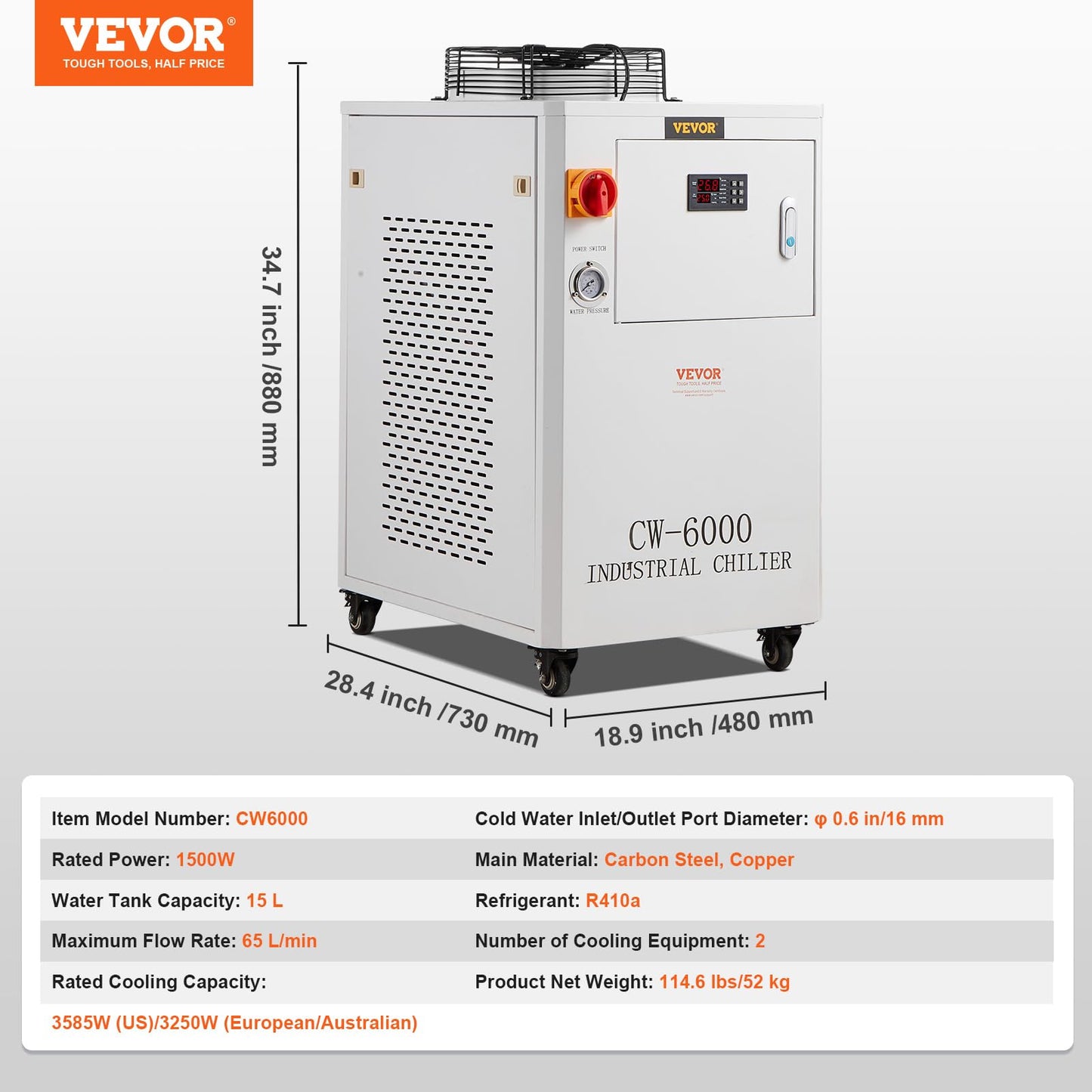 VEVOR Industrial Water Chiller, CW6000, Industrial Water Cooler Cooling System with Compressor 15L Water Tank Capacity 65 L/min Max Flow Rate, for 2 Sets of 300W CO2 Laser Engraving & Cutting Machine