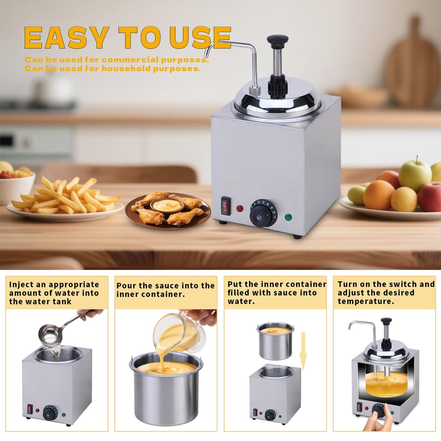 SNICE Commercial Hot Cheese Dispenser, Stainless Steel, Temperature Control Warmer Machine for Butter, Chocolate, Caramel, Fudge with Pump