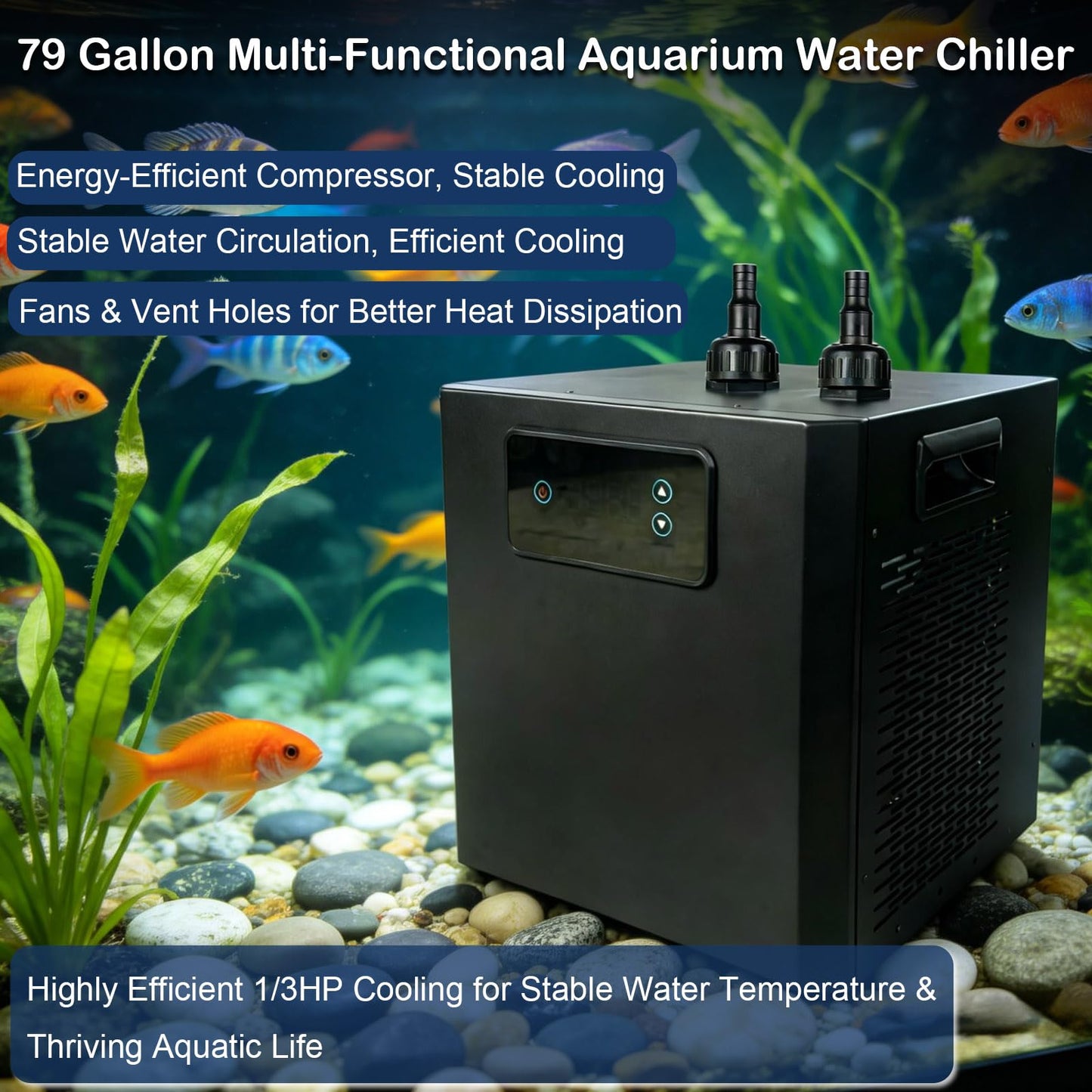 KIPPDURO Aquarium Chiller 79 GAL 1/3 HP, Quiet Fish Tank Water Chiller with LED Touch Screen, Fast Cooling Compressor, Temperature Control for Aquarium, Coral Reef, Hydroponics, Axolotl (300 L)
