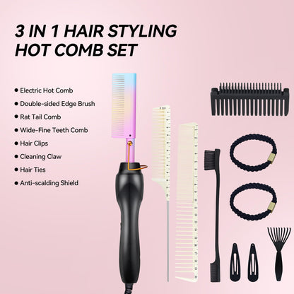 Electric Hot Comb Hair Straightener Heat Pressing Comb Curling Flat Iron Curler Hair Straightener Brush for Natural Black,Anti-Scald Beard Straightening Electric Press Comb