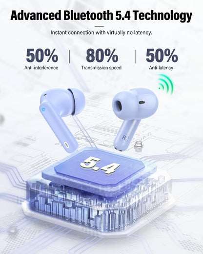 Wireless Earbuds, Bluetooth 5.4 Headphones Bass Stereo, Ear Buds with Noise Cancelling Mic, LED Display in Ear Earphones Clear Calls, IP7 Waterproof Bluetooth Earbuds for Laptop/Phones, Pale Blue