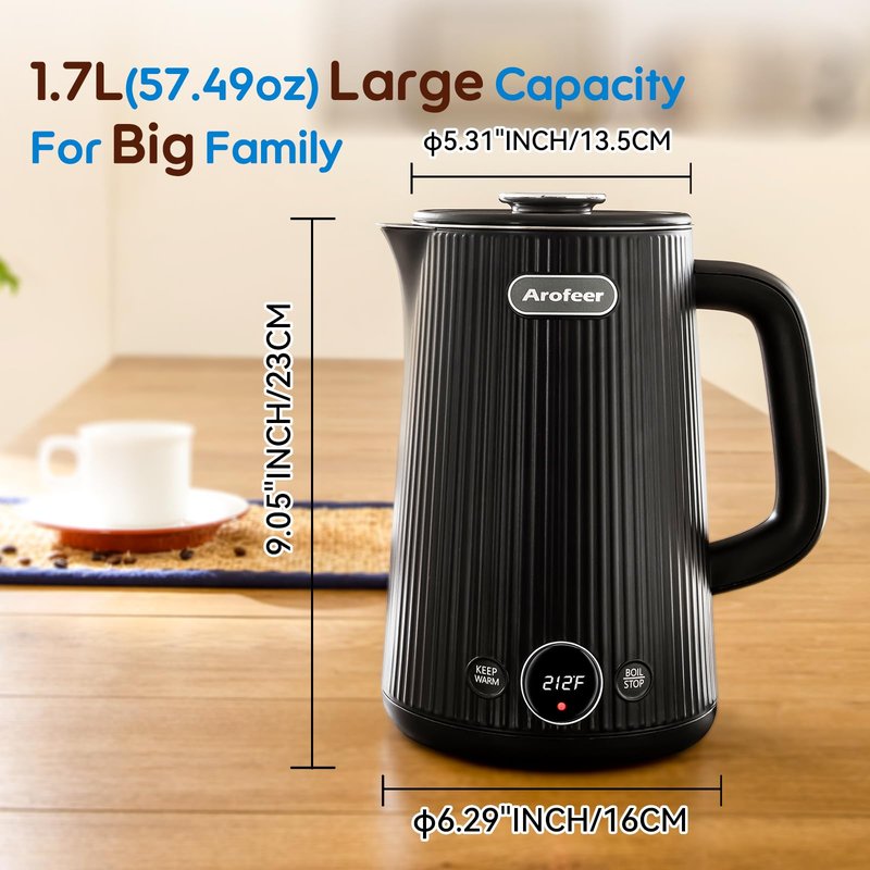 Arofeer® 1.7L(57oz) Large Electric Kettle Temperature Control, 7+Cups Electric Tea Kettle for Coffee&Tea, 2 quarts Big Hot Water Kettle Electric with,1200W,Keep Warm-Black