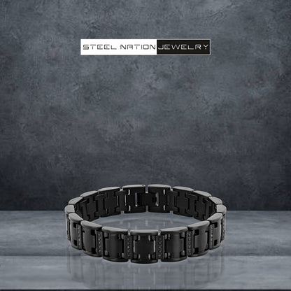 Men's 14MM Wide Black Stainless Steel Link with 0.50ctw Black Diamond Satin Finish 8.5" Bracelet