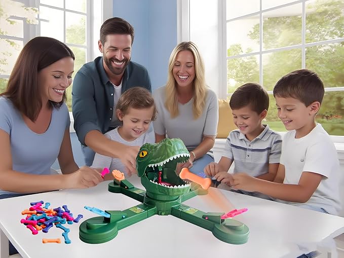 Classic Feed Dinosaur Board Game Multiplayer Action Shooting Game Dino Eating Bones Toy Fun Reaction-Speed Challenge for Kids Exciting Family &amp Party Game for 2–4 Players Ages 3+
