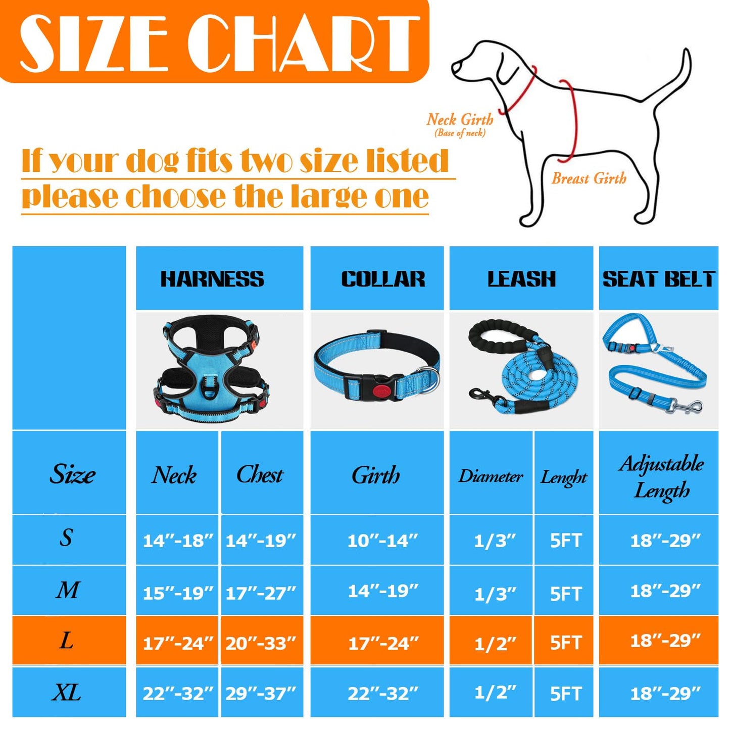 LOBEVE No Pull Dog Harness, Collar & Leash Set | Includes Dog Seat Belt, Collapsible Bowls & Poop Bag Dispenser. Ideal for Training, Walking, Hiking. Fits Small to Large Dogs(Blue-L)