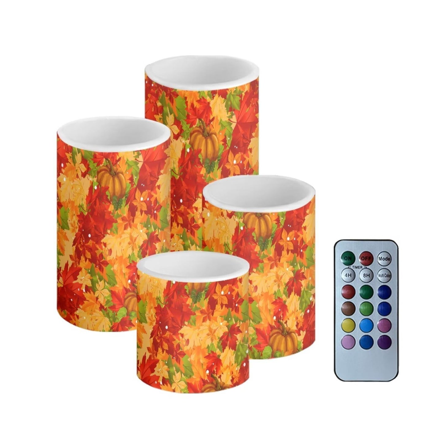 NEITLGEN 4 Packs Flameless Candles with Timer Remote, Flickering Battery Operated LED Pillar Candles Fall Maple Leaf Print for Thanksgiving Day Decor