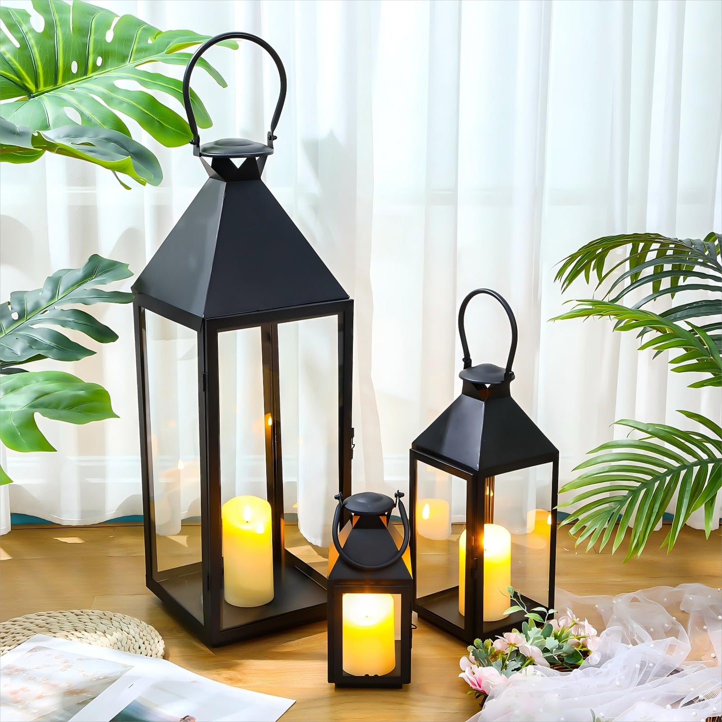 Mifoci Jumbo Black Metal Decorative Lanterns with Clear Glass Panel Hurricane Candle Lantern for Home Decor Party Event Tabletop Front Porch Wall Hanging Indoor Outdoor(3 Pcs,28'' 16'' 10'')