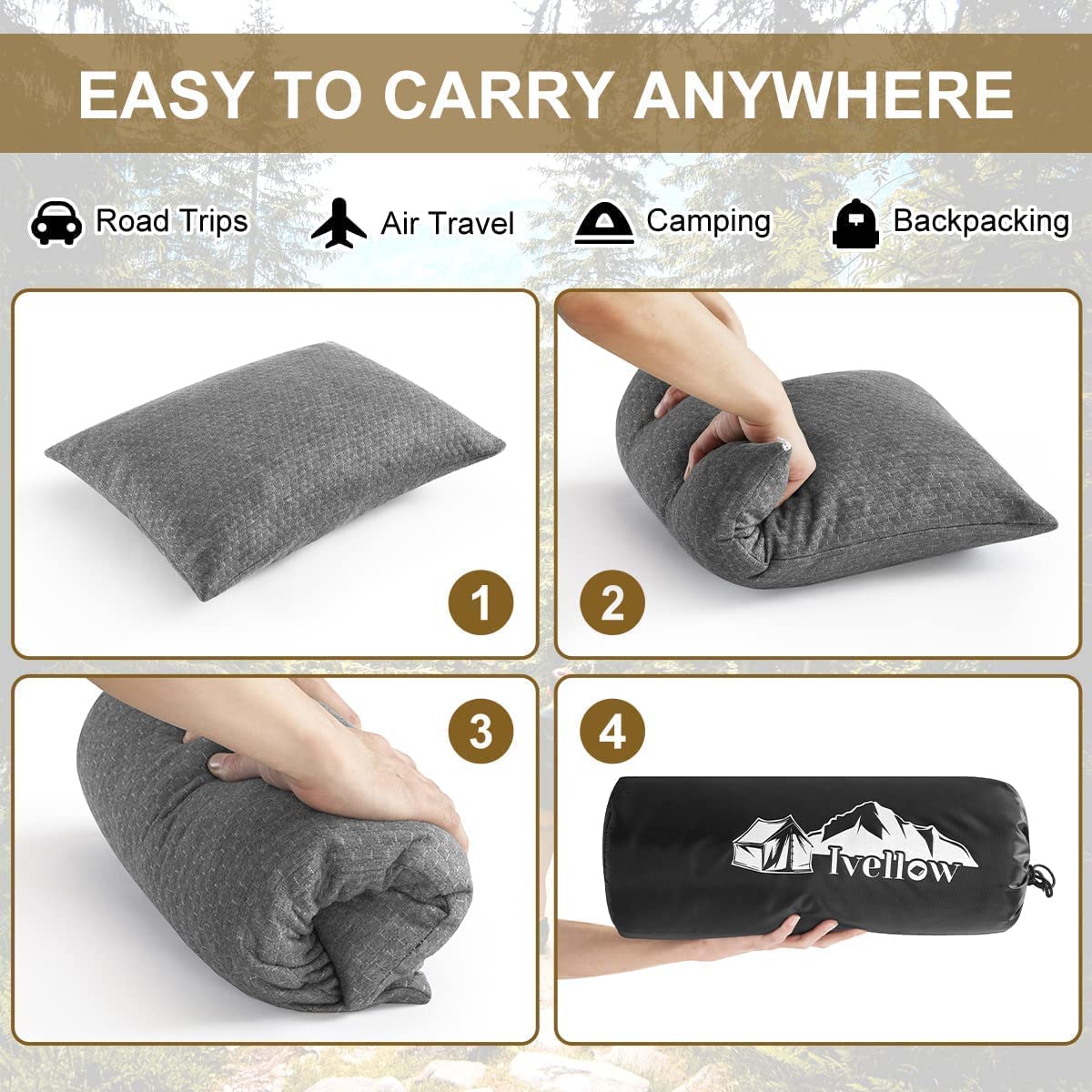 Ivellow Memory Foam Travel Pillow Compressible Camping Pillow for Sleeping Shredded Memory Foam Pillow Compact Firm Supportive Travel Pillow for Adults Kids Outdoor Backpacking Hiking Essential Gear-S