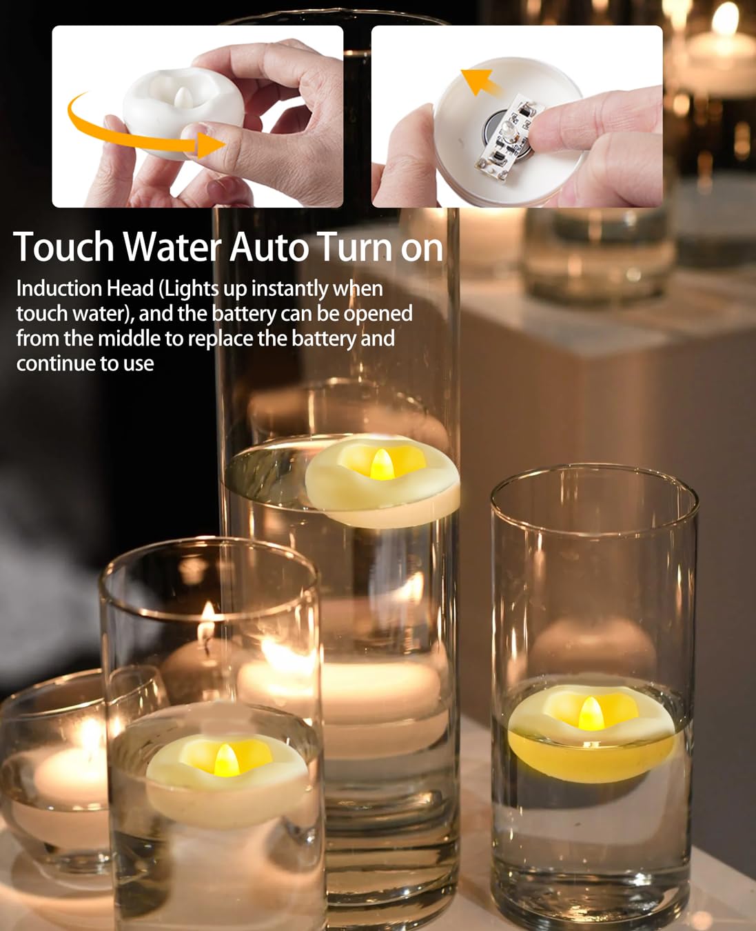 Auemaniliy 48-Pack 2” Floating Candle, 200 Hour Water Activated Warm White Battery Powered Flameless LED Floating Candle Floating for centerpieces/Bathtub/Pool/Fountain