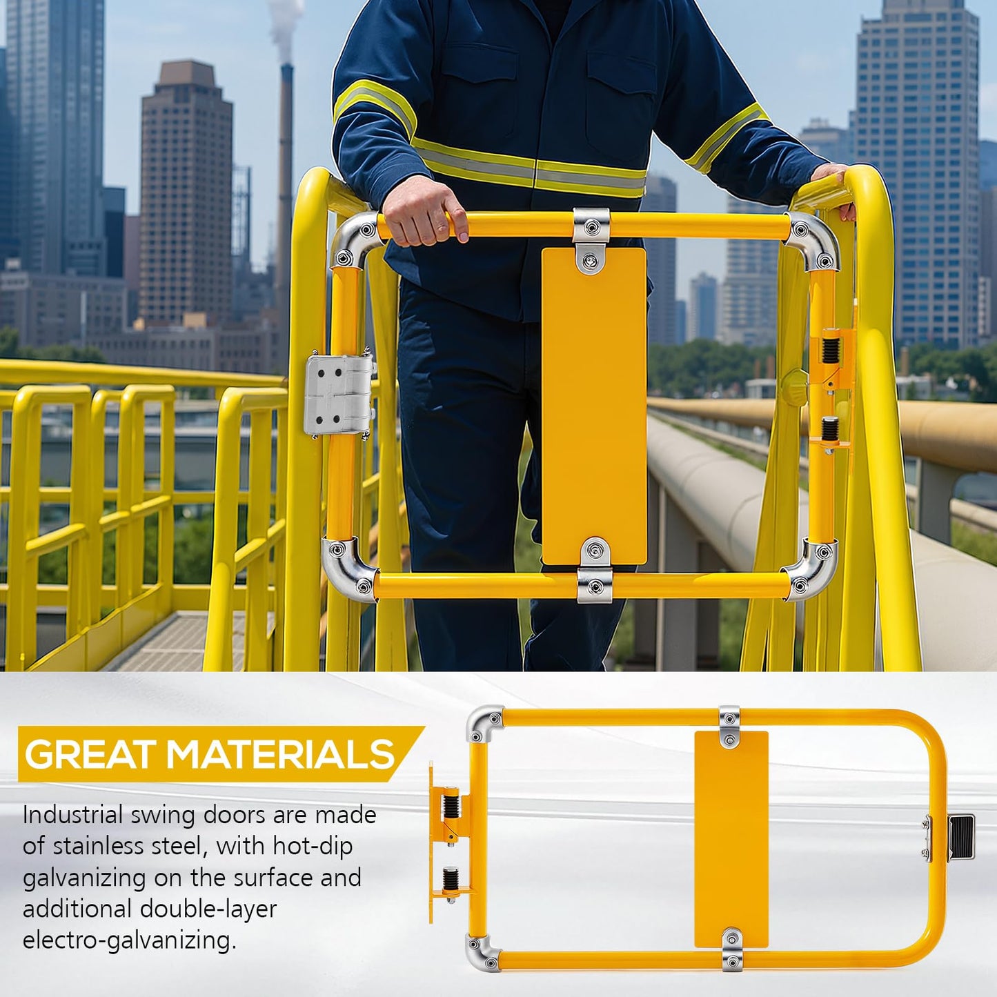Blulu Industrial Swing Gate Universal Spring-Loaded Safety Swing Gate 16" to 26" Wide Self-Closing Safety Powder Coated High-Visibility Yellow