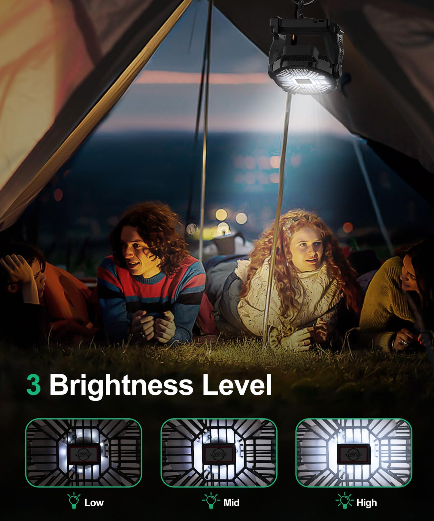 CONBOLA Solar Fans for Outside,Camping Fan, Portable Fans Rechargeable 9-Inch Battery Powered (180Hrs) LED Lantern, USB C Battery Beach Fan.