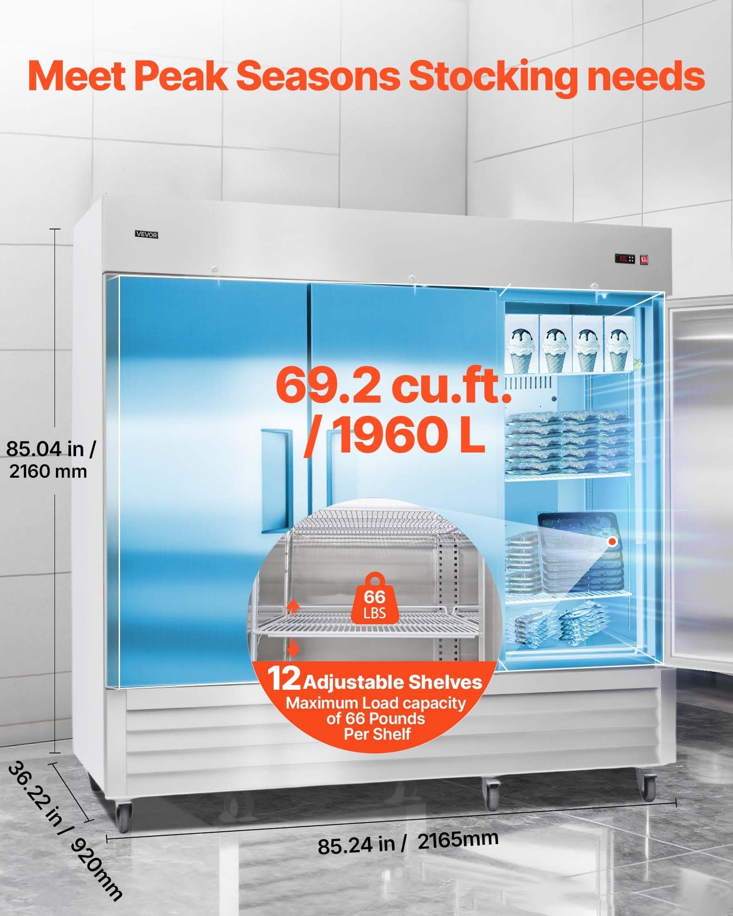 VEVOR Commercial Reach-In Freezer 85" W, 69 Cu.Ft Stainless Steel Upright Freezer with Three Doors, Auto-Defrost, 12 Adjustable Shelves, -11 to 14℉ Temp Control, ETL Certified
