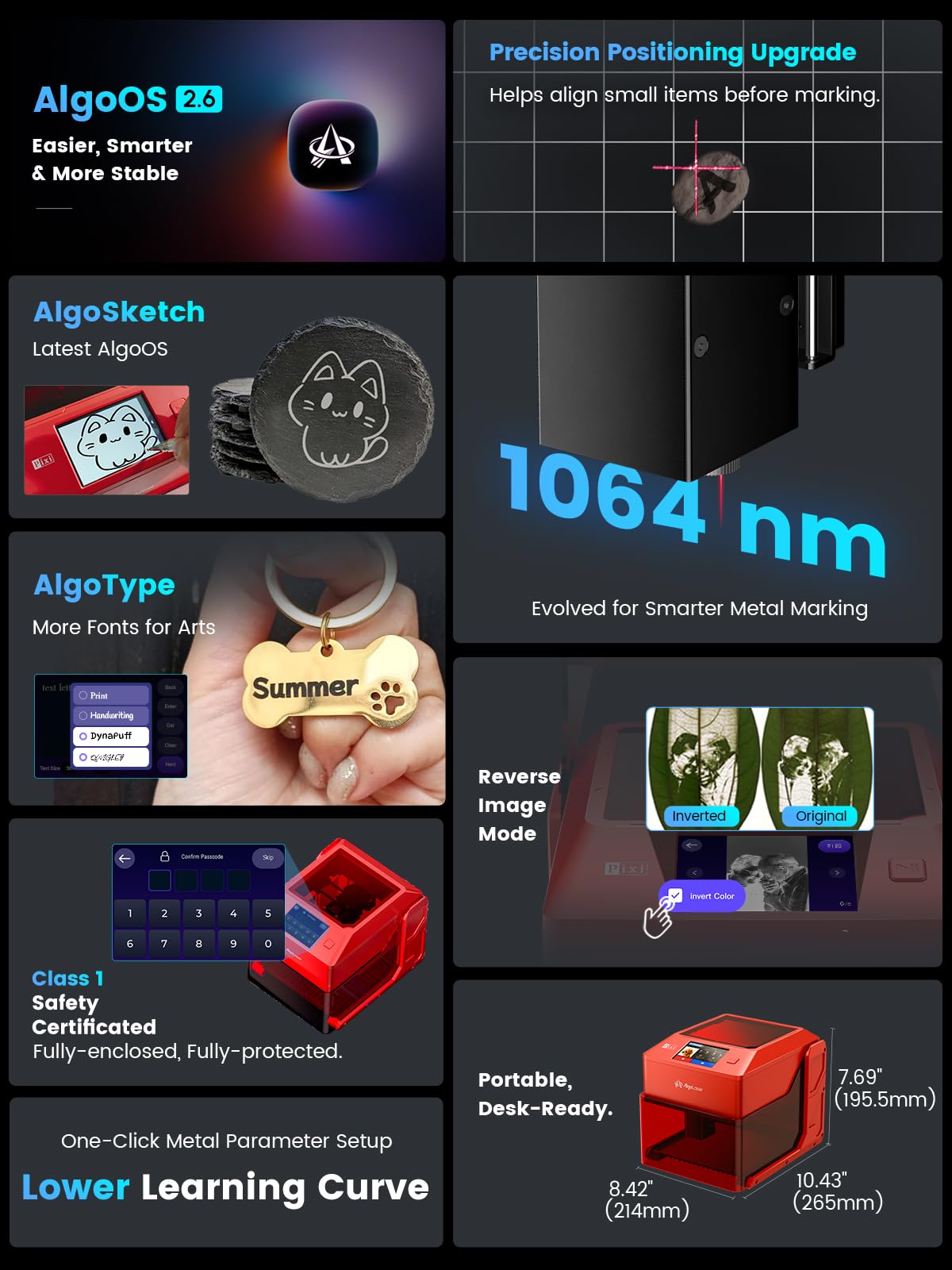 Pixi 1064nm Infrared Laser Engraver for Metal & Jewelry - Portable Laser Marking Machine with 3.5" Touchscreen & AlgoOS & App Control for Stainless Steel, Aluminum & Custom Gifts (1.5W/1500mW)