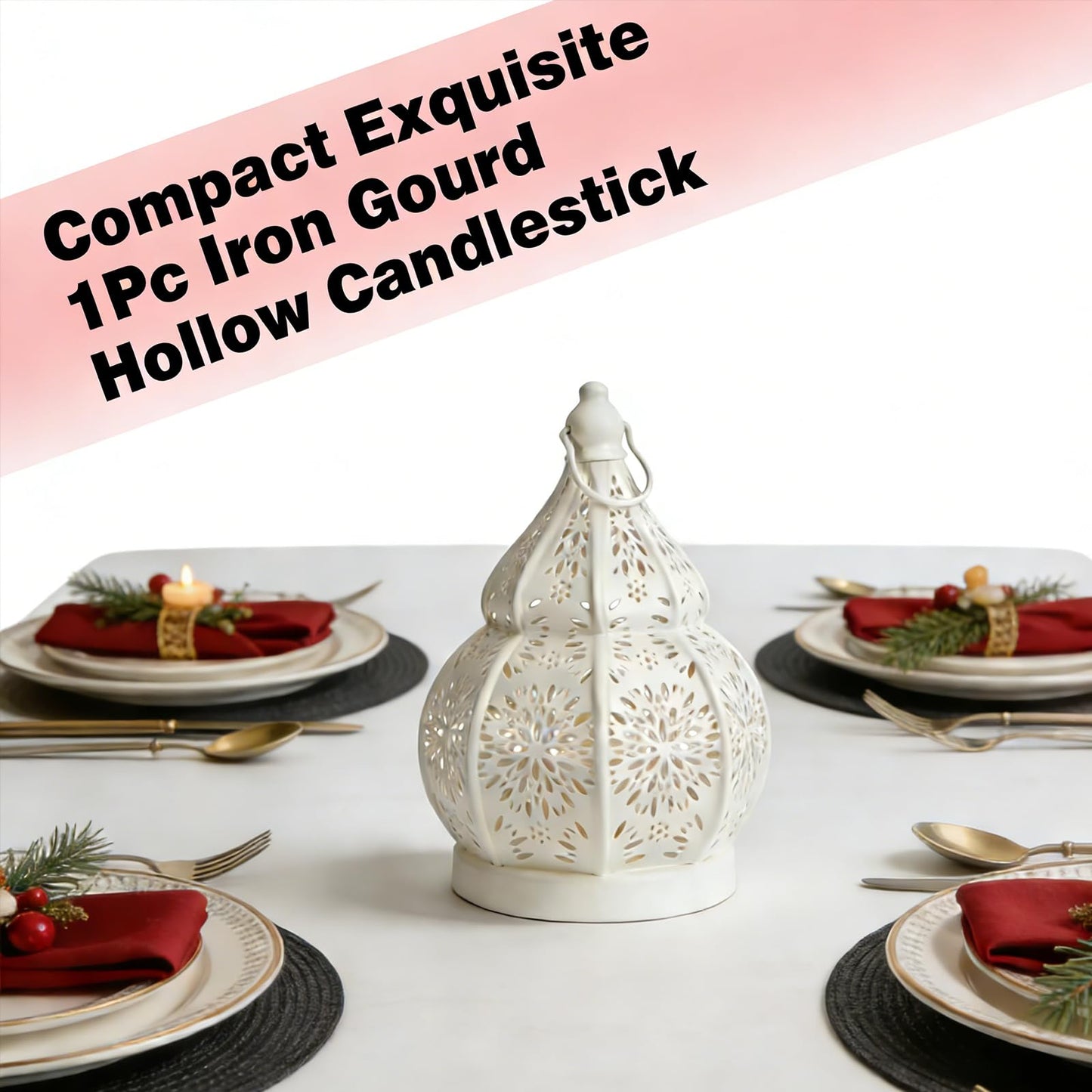 1pcs Iron Gourd Hollow Candle Holder Projection Ambient Decor for Home Garden Courtyard Decorative Ornament (Black)