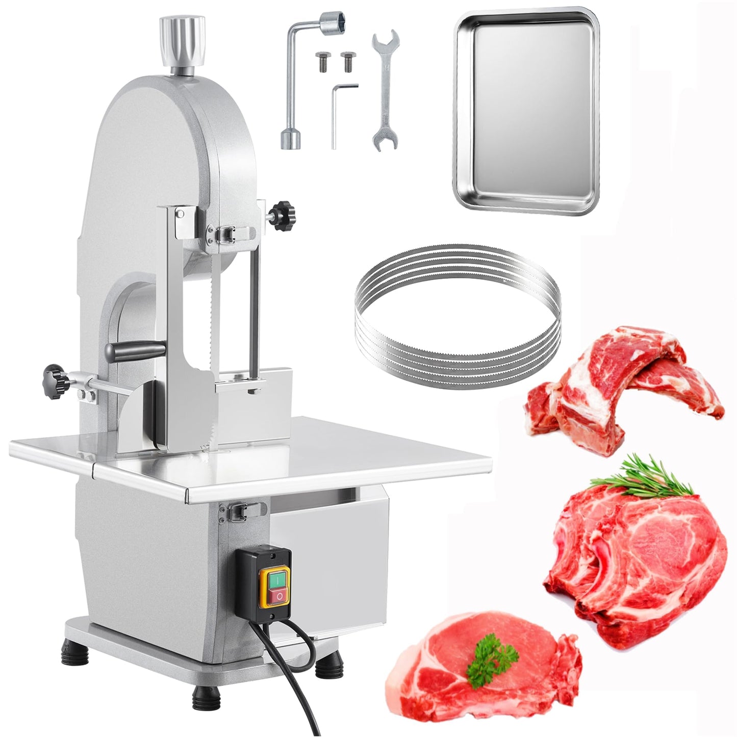 1500W Commercial Electric Bone Saw Machine, Frozen Meat & Bone Cutter with 5 Saw Blades, Adjustable 0.16-7.09 Inch Thickness, 19.3"x15" Stainless Work Table for Butcher Shops, Restaurants, Supermarket