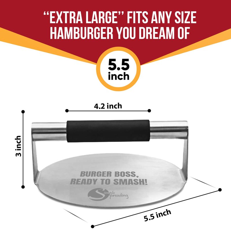 Simple preading Smash Burger Press with Fun Quotes - Stainless Steel Hamburger Smasher for Griddle & Grill Press, Perfect for BBQ, Flat Tops, Patty Making, (5.5" XL, Burger Boss)