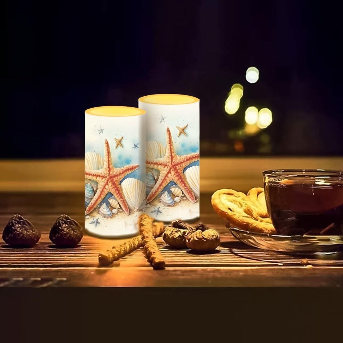 NETILGEN Flameless Candles LED Battery Operated Candles with Realistic Set of 2 with 18 Key Remote Control Timer Pillar Candle for Coastal Home Decoration, Starfish Seashell Retro