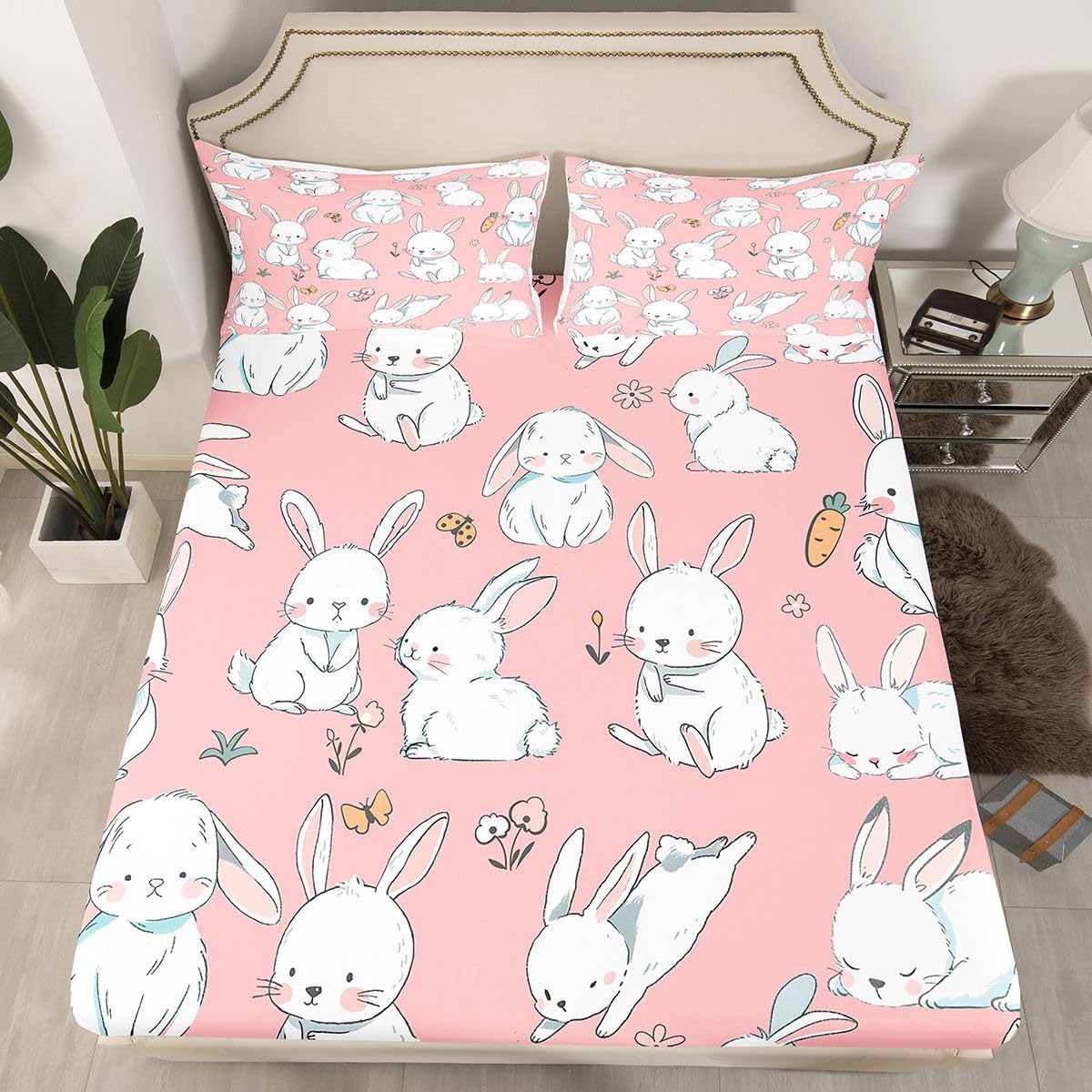 Erosebridal Cute Rabbit Sheet Set Cartoon Bunny Rabbit Pink Fitted Sheet Groovy Flowers Print Bed Sheets Easter Decor Flat Sheet for Kids Boys Girls King Size with 2 Pillowcases