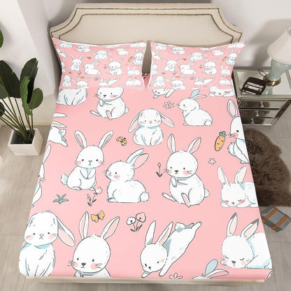 Erosebridal Cute Rabbit Sheet Set Cartoon Bunny Rabbit Pink Fitted Sheet Groovy Flowers Print Bed Sheets Easter Decor Flat Sheet for Kids Boys Girls King Size with 2 Pillowcases