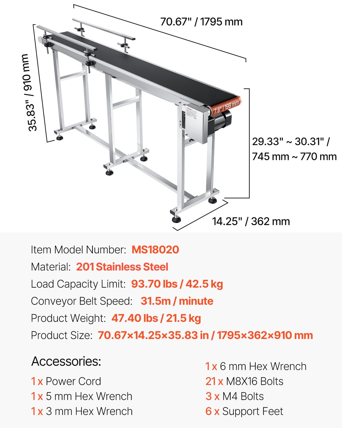 VEVOR PVC Belt Conveyor 71″x 7.8″, Electric PVC Conveyor 110V Adjustable Automatic Speed, Conveyor Machine with Double Guardrail, in Stainless Steel, Industrial Transport Equipment