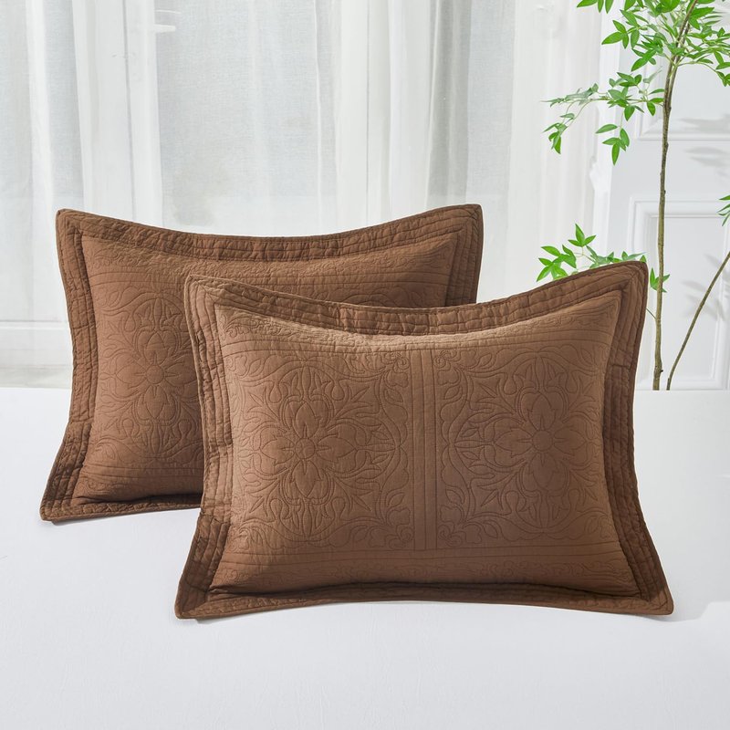 WINLIFE 100% Cotton Quilted Pillow Sham Floral Printed Pillow Cover Set of 2 (Standard Size, Coffee)