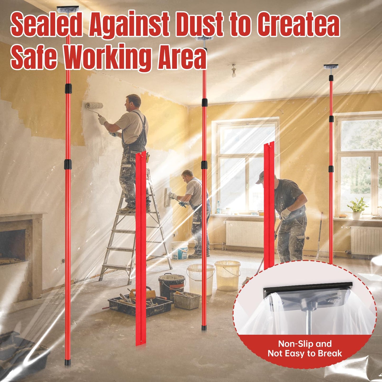 10FT Dust Barrier Poles Kit, 4 Pack Spring Retractable Zip Poles, with Heavy Duty Plastic Sheeting (32.8x13.1FT), 2 Zippers & Gloves, for Dust Barrier System, Renovation, Painting, Construction