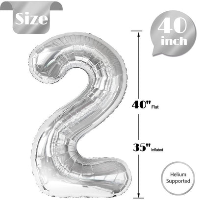 Silver 2 Balloon, Number Balloons 40 Inch, 2nd Balloon Number Birthday Decorations, Two Second Birthday Party Supplies, Number 2 Balloon