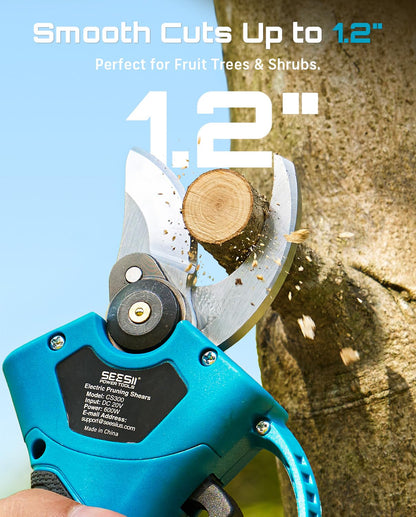 SEESII Electric Pruning Shears for Garden: 1.2" Cutting Diameter Cordless Power Pruner, 2*2000mAh Batteries, Brushless Motor, Extra SK5 Blade, 2 Modes Battery Powered Branch Cutter for Tree Trimming