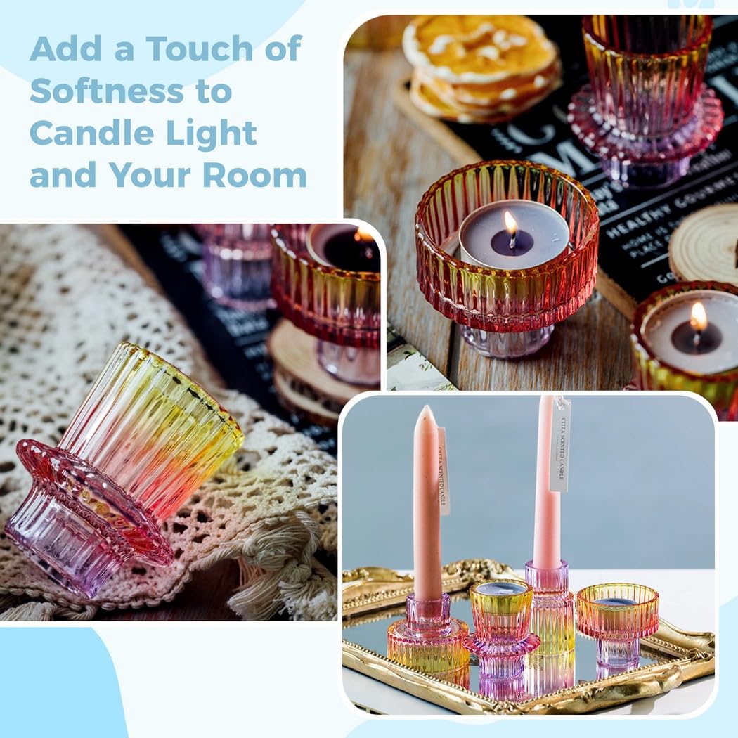 Set of 3 Colorful Glass Candlestick Holders for Taper, Tealight, and Pillar Candles – Perfect for Weddings, Parties, and Festivals