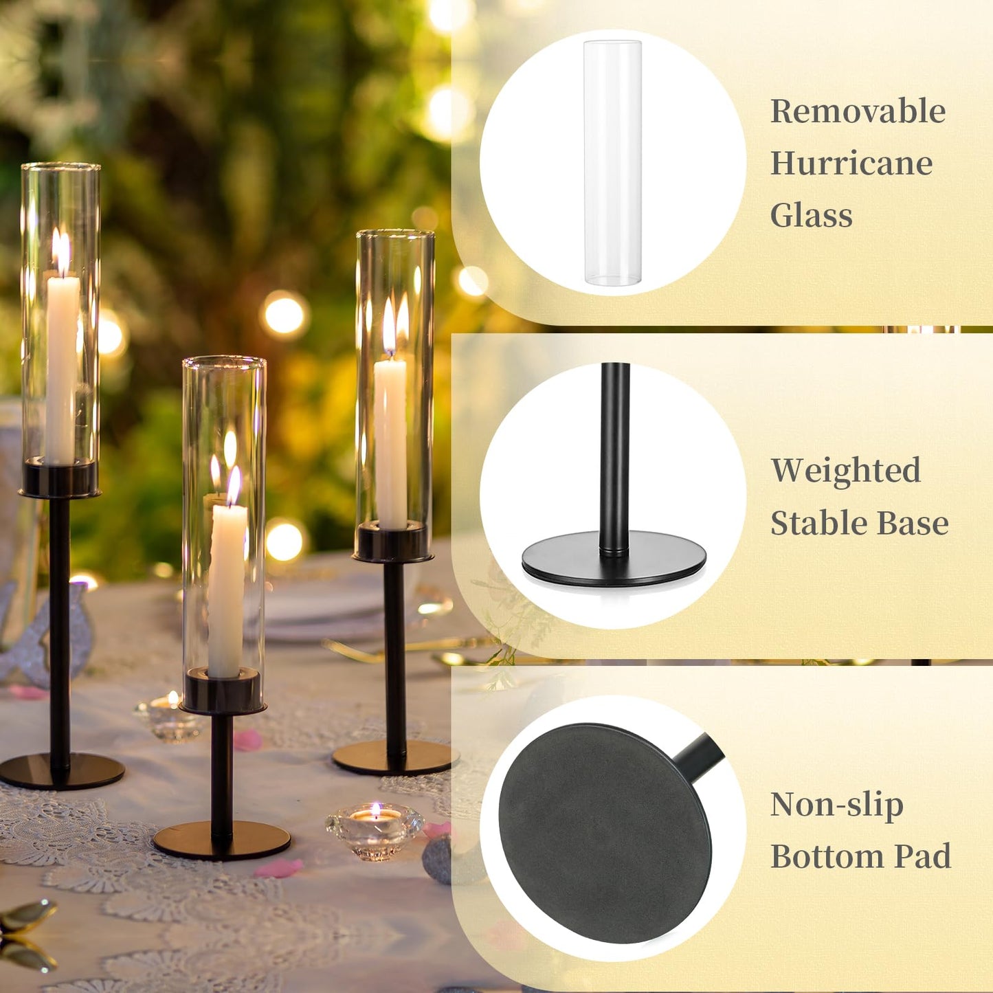 Hewory Black Candlestick Holders Hurricane Candle Holder, 12Pcs Candle Stick Candle Holder Candelabra, Taper Candle Holders with Glass Candle Cover for Wedding Table Centerpiece Christmas Decor