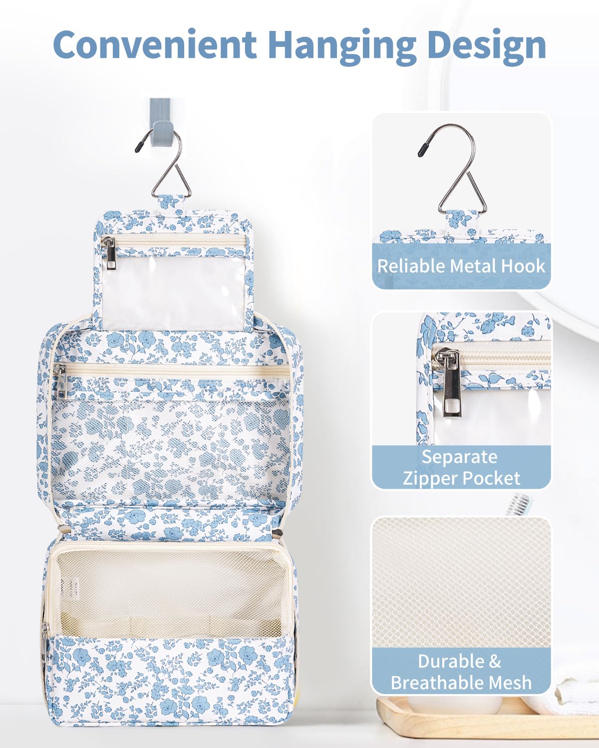 Narwey Small Hanging Travel Toiletry Bag for Women, Travel Bag for Toiletries, Floral Makeup Bag Organizer Cute Cosmetic Bags Make Up Bags for Girls (Little Blue Flower)
