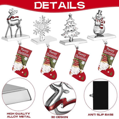 GUOER 4 Pack Snowflake Christmas Stocking Holder Set for Mantle Christmas Decorations Holiday Mantle Fireplace Topper - Snowflake Snowman Reindeer and Christmas Tree Hangers Decorative Metal Hanger