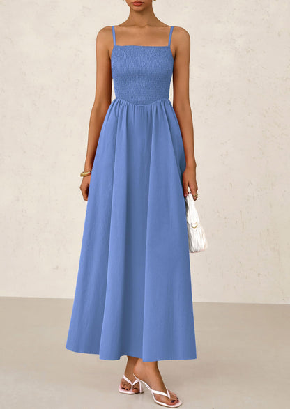 PRETTYGARDEN Women's Smocked Maxi Dresses 2025 Summer Beach Sundress Casual Spaghetti Strap Swing A Line Long Flowy Dress (Blue,Small)