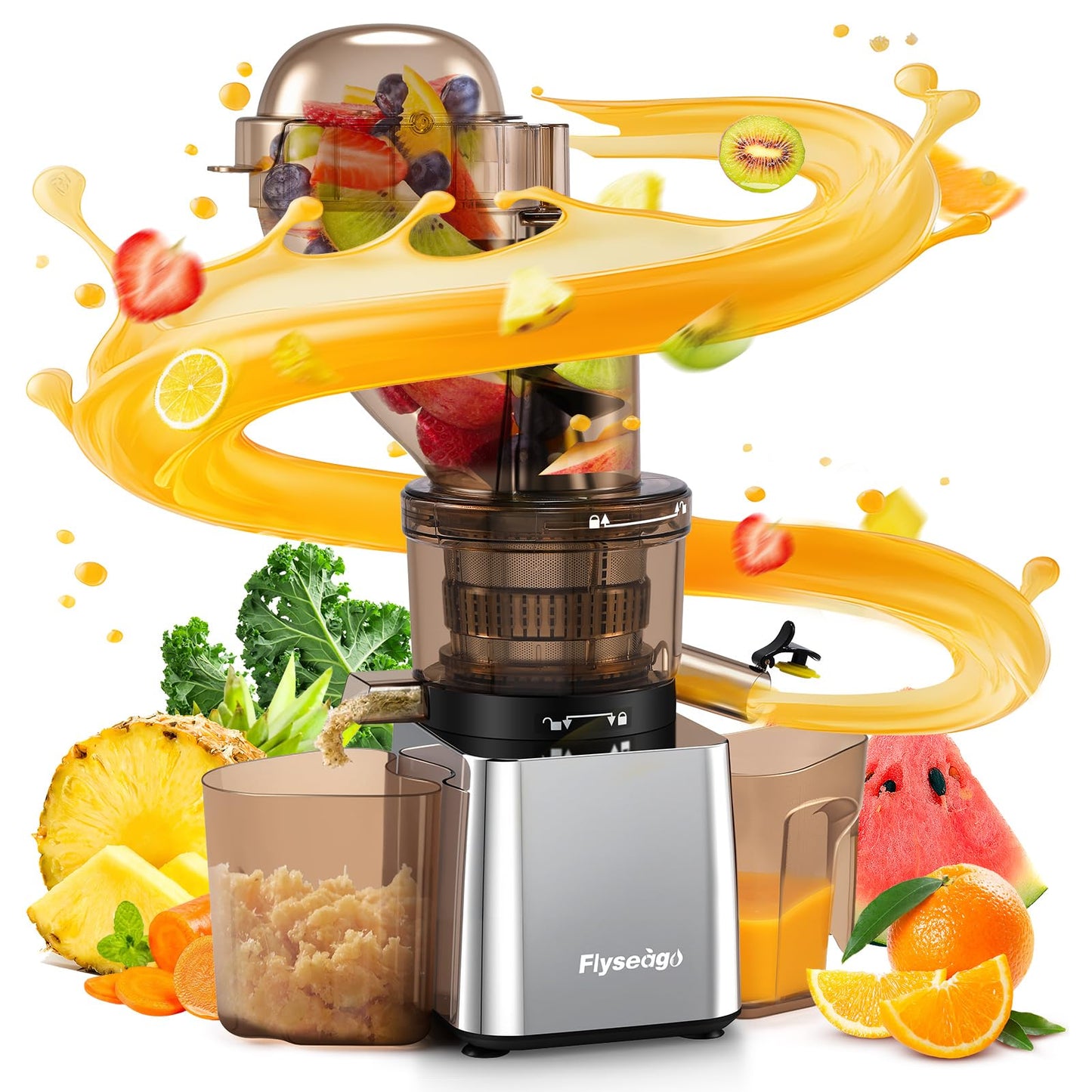 Flyseago Commercial 300W Cold Press Juicer Machines - Dual Outlet for Juice & Pulp, High Yield, Masticating Juicers, Heavy Duty Stainless Steel, Quiet Motor, Easy Clean for Restaurants, Bars