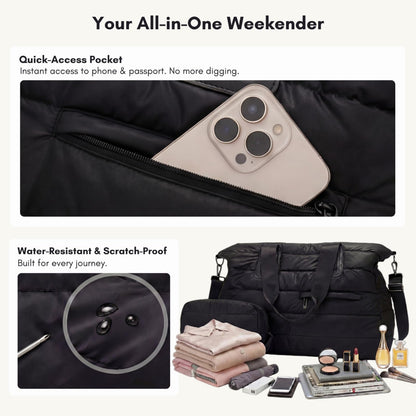 Puffer Weekender Bag for Women, Quilted Duffle Bag with Pouch, Water-Resistant Gym Bag, Large Tote Travel Bag for Hospital Nurse Diaper Bag, Lightweight Carry on Bag, Black