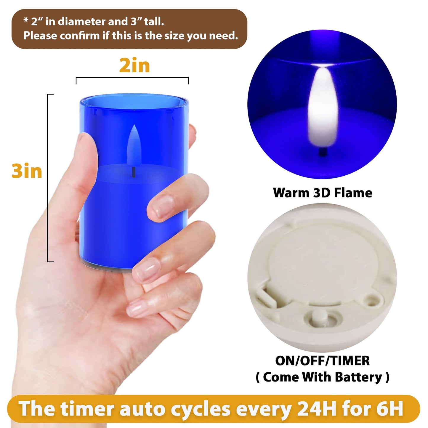 VIODAIM 12Pack Flickering Flameless LED Candles with Timer, Battery Powered - Small Pillar & Votive, Acrylic Made, Blue (2"X3")