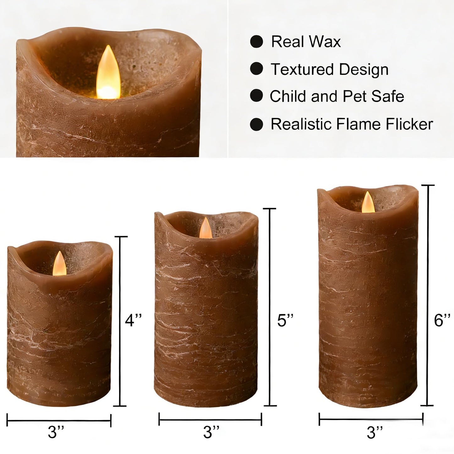 EZiKitchen Real Wax Flameless Candles Set of 3 (D 3" x H 4" 5" 6") Battery Operated LED Candle with Timer Home Decorative Pillar Flickering Lights,Wedding Party Events Decor,Brown