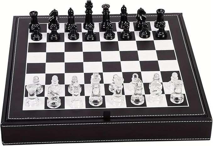 Luxury Glass Chess Set for Adults - 2 Extra Queens Premium Leather Storage Case with 13.2” Chessboard Elegant Board Game Gift