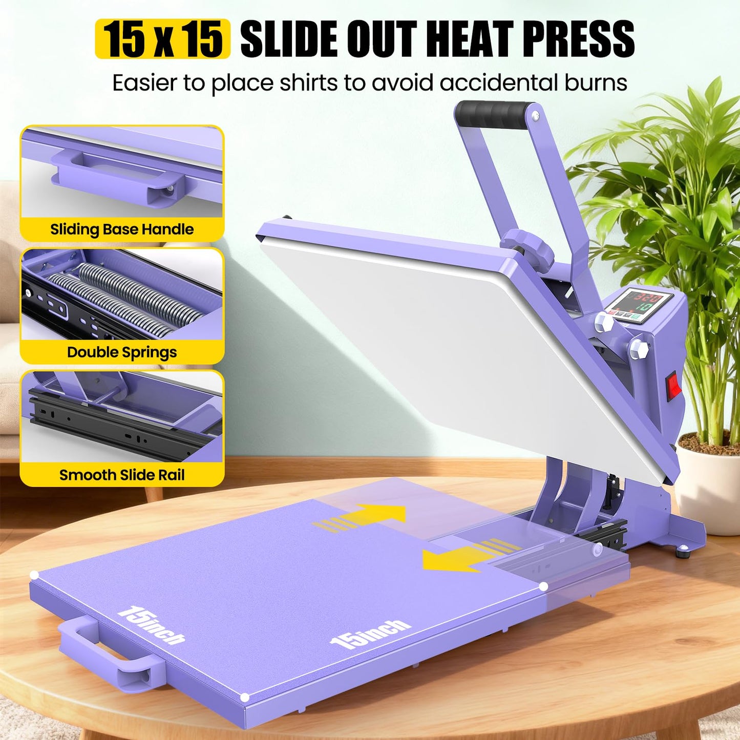 AKEYDIY 15" x 15" Slide Out Heat Press for T Shirts - Fast Heating for Sublimation, Industrial Even Heat Transfer & Precise Temp Control, Shirt Heat Press for Vinyl & Fabric Projects (15x15 Purple)