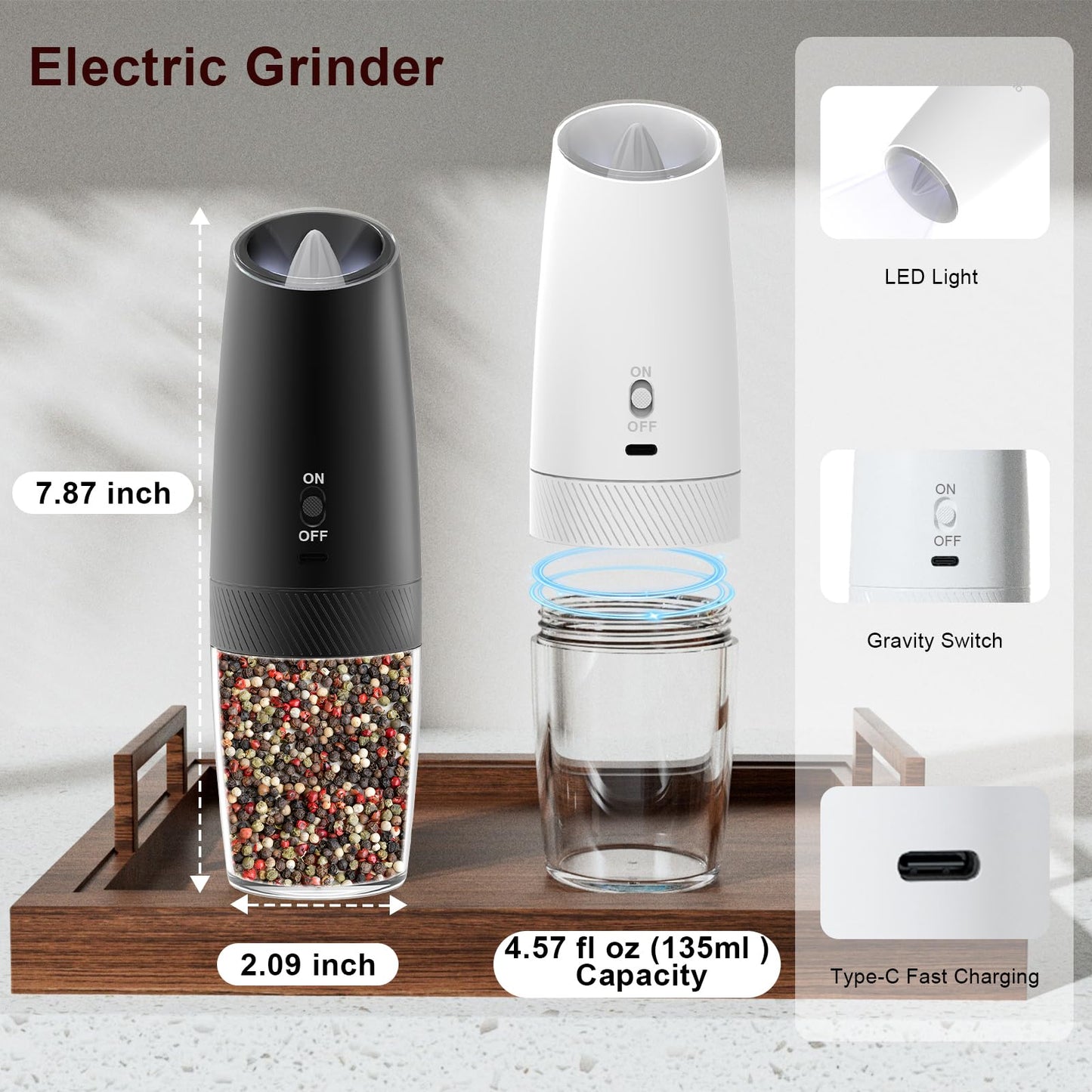 QTDHG Electric Salt and Pepper Grinder Set Rechargeable Gravity Pepper and Salt Mill Grinder Set Type-C Fast Charging, Adjustable Coarseness, Large Capacity with LED Light (Black White-2pcs)